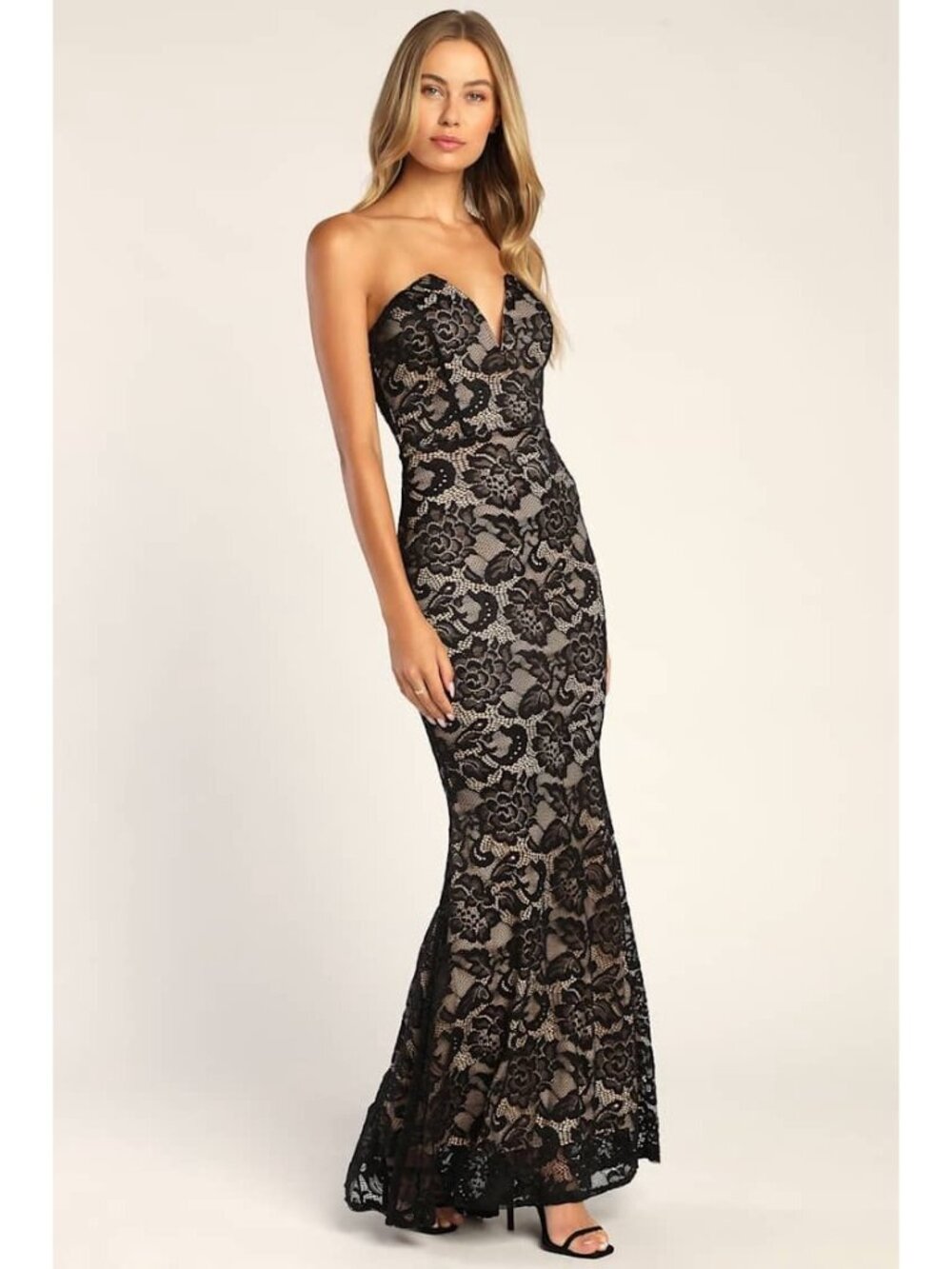 Lulus Sexy Sophistication Maxi Dress Sz Small Black Illusion Lace Trumpet Gown - Picture 2 of 7